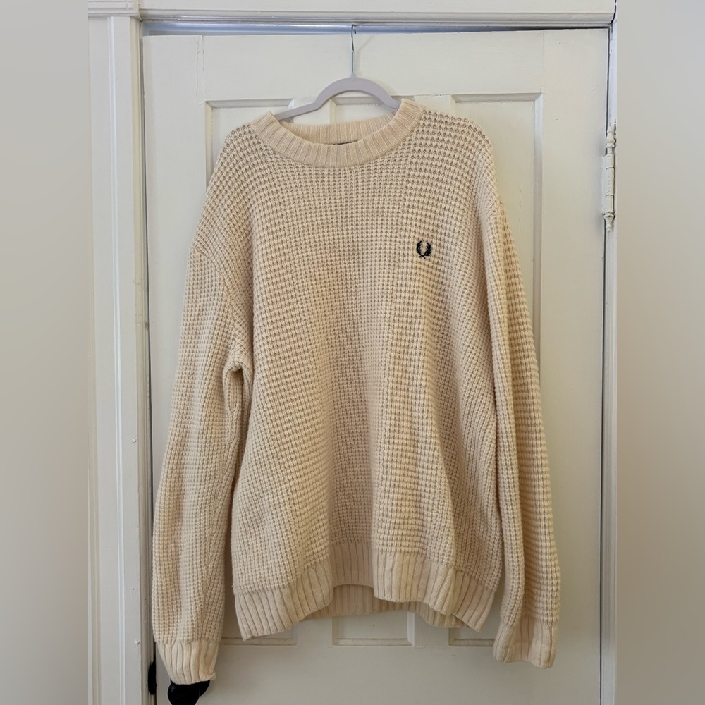 Fred Perry Mens Jumper sweater XL Wool Crew Neck Knit Pullover Light Beige